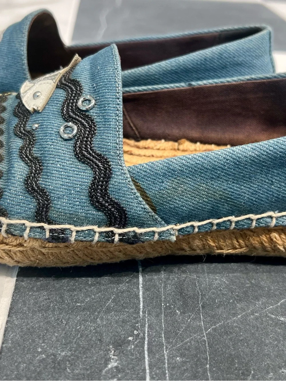 Tory Burch Blue Denim Nautical Espadrilles with Sailboat & Fish Appliqué